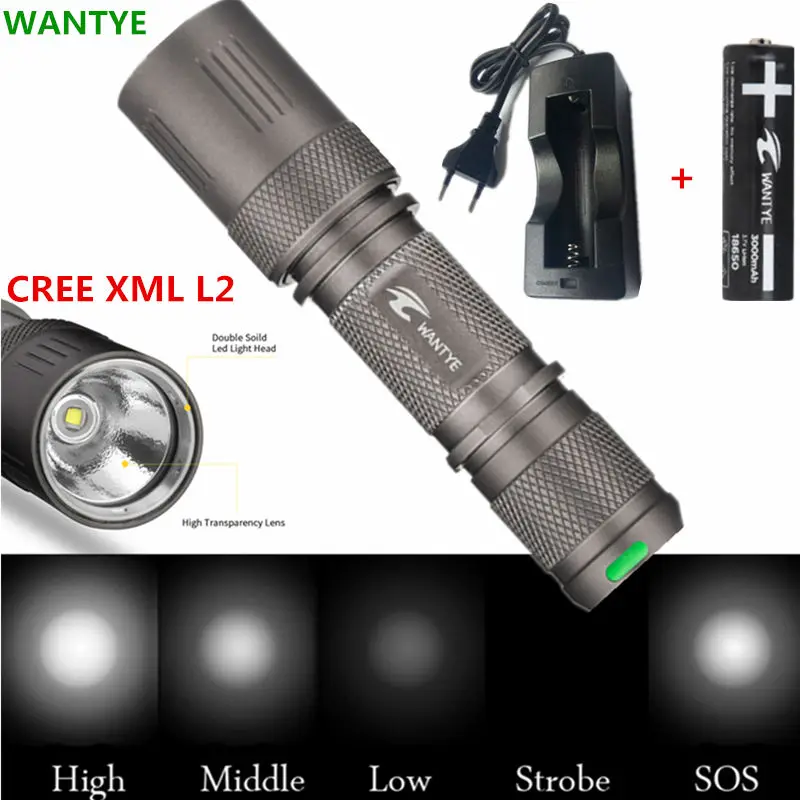 

4000LM lamp XML L2 U2 LED Flashlight Torch Lamp Light 5-Modes Tactical Flash light 18650 penlight Waterproof+Battery/charger