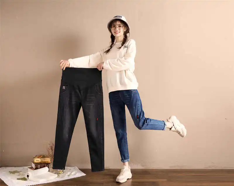 Новое поступление, черные джинсы для беременных, модная одежда из хлопка для беременных женщин, L-5XL размера плюс, джинсовые штаны для беременных