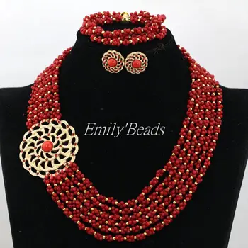 

Gorgeous Red African Coral Beads Necklace Set Nigerian Wedding Indian Bridal Jewelry Set 2017 New Statement Necklace Set CJ679
