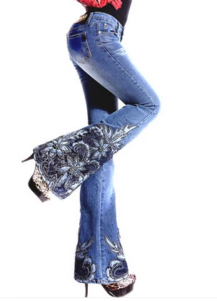 Весенние роскошные вышитые бисером джинсы со средней талией, большие расклешенные женские сапоги с вышивкой, кружевные расклешенные джинсы, джинсовые брюки - Цвет: 2