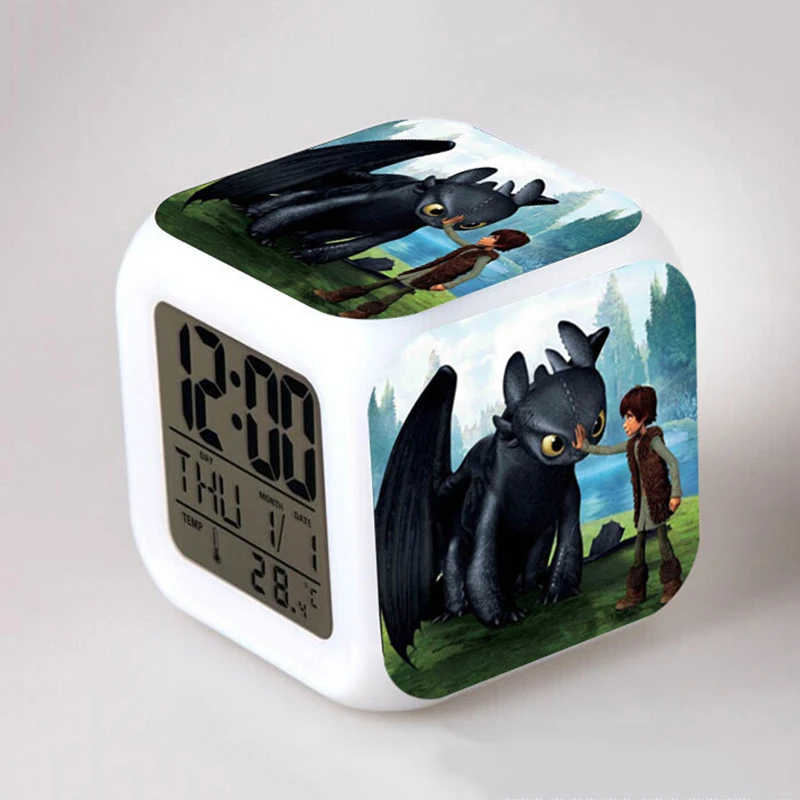 

Hot Sale How to Train Your Dragon Touch Lights Dora Clock 7 Lights LED Christmas Toothless Digital Alarm Clocks Kids Hot Anime
