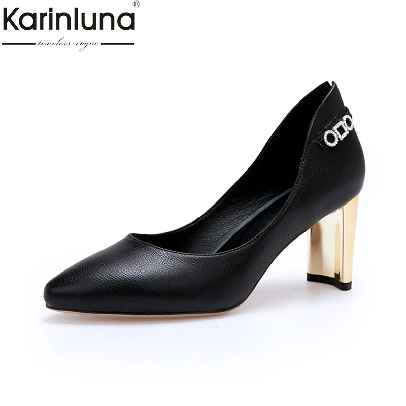 

KarinLuna Genuine Leather Pointed Toe Unique Heels women's Pumps Brand New Chic Style Mature Office Lady women's Shoes