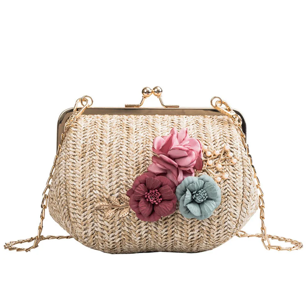 

Women Handbag Fashion Solid Color Chain Weave Bag Ladies retro Bohemia Rattan Bags Shoulder Bag floral Straw sac hasp sac a main
