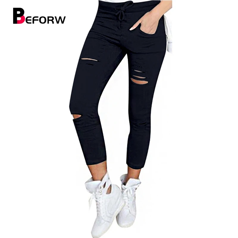 BEFORW 2018 Новый Для женщин карандаш Брюки для девочек хлопок отверстие спортивные