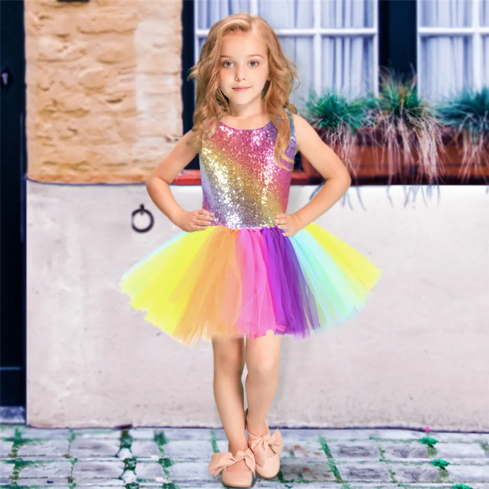 Радужное платье-пачка с блестками для детей, модное фатиновое платье без рукавов с открытой спиной Одежда для девочек яркое детское праздничное платье для девочек от 2 до 8 лет