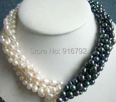 

free P&P >>5rows 7-8mm white & black Akoya Cultured Pearl necklace
