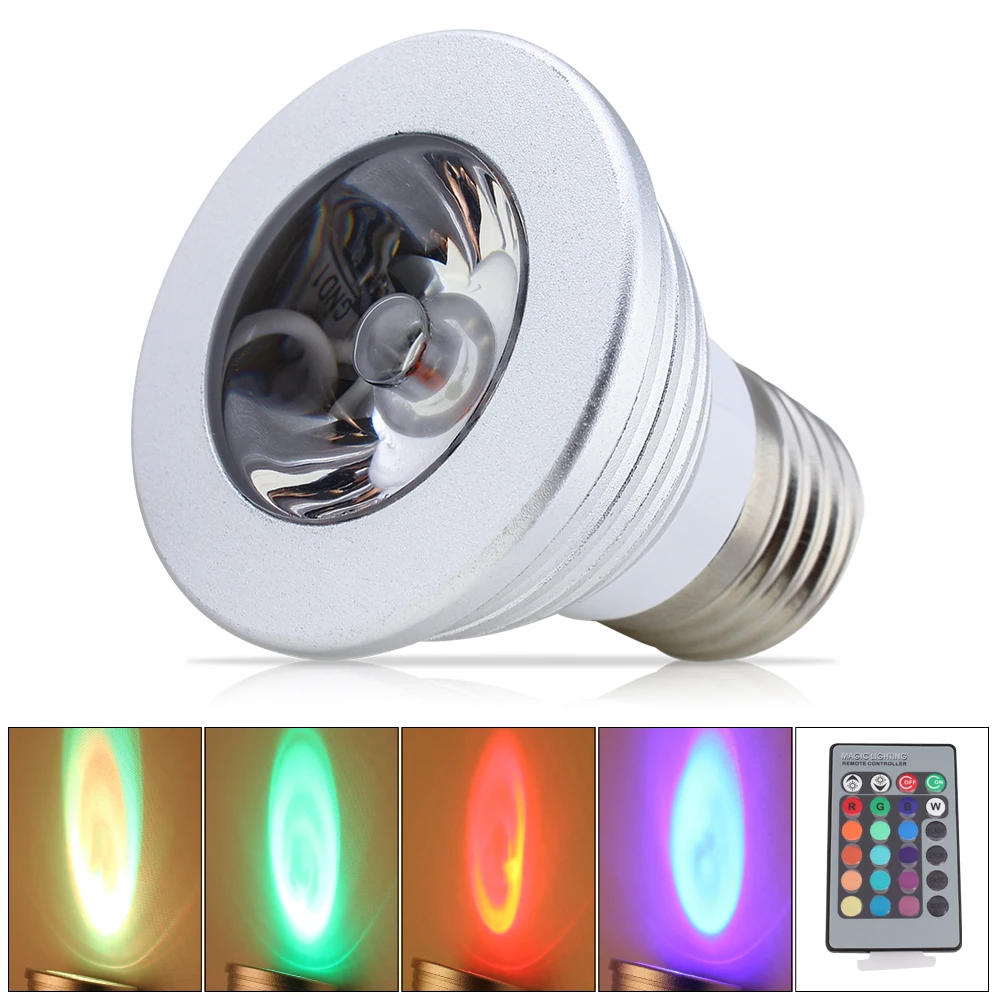Светодиодная лампа E27 RGB высокой мощности 3 Вт 16 цветов AC85 265V меняющая свет с