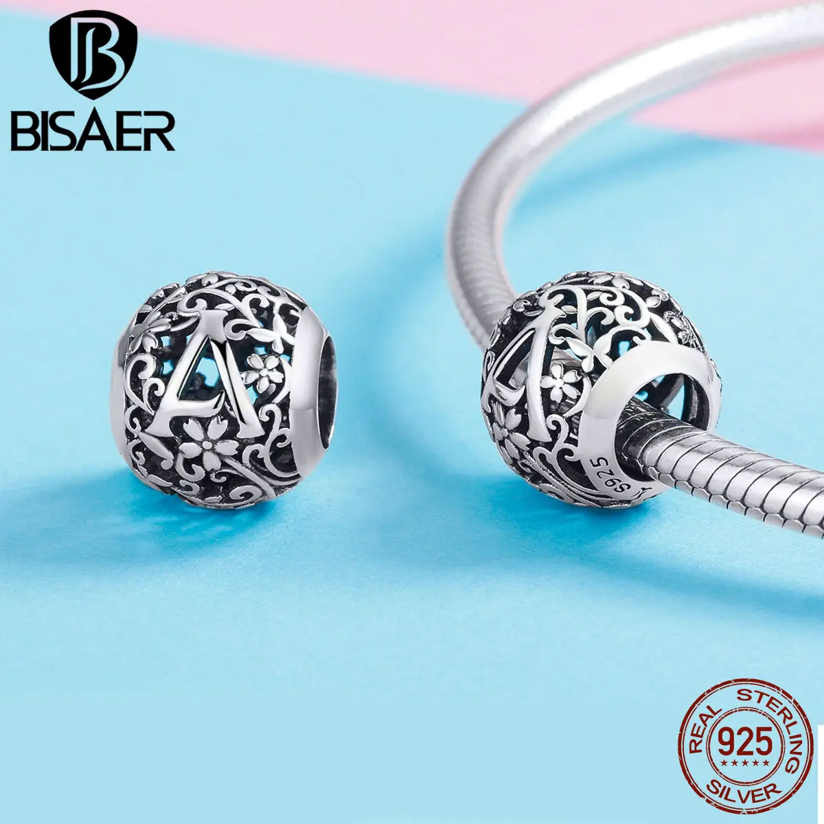 

BISAER Real 925 Sterling Silver Letter A Vintage Pattern Charm Beads DIY Jewelry Making Necklace Bracelet Accessories GXC1158