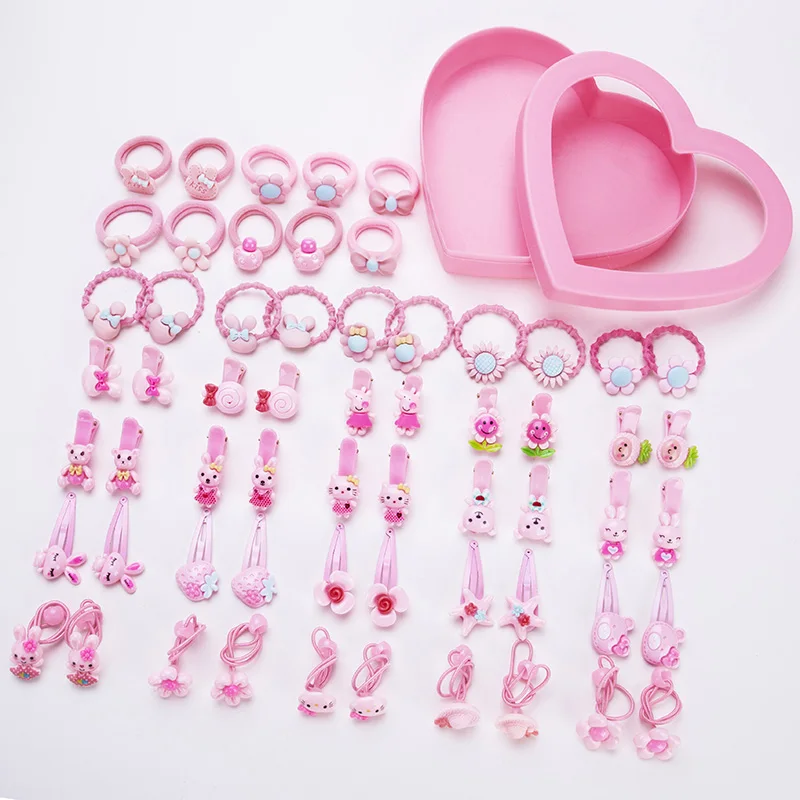 

60pcs Heart Box Packed Girls Cute Colorful Cartoon Hairpins Rubber Bands Princess Gifts Headbands Kids Fashion Hair Accessories