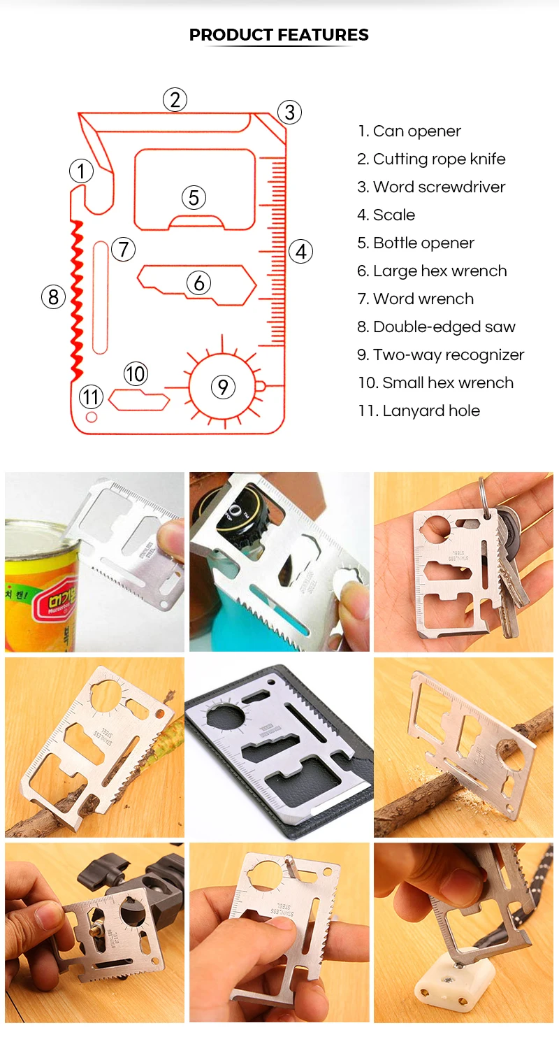 11 в 1 Кредитная карта Нож EDC Открытый походный нож выживания из нержавеющей стали многофункциональный инструмент мини карманный нож