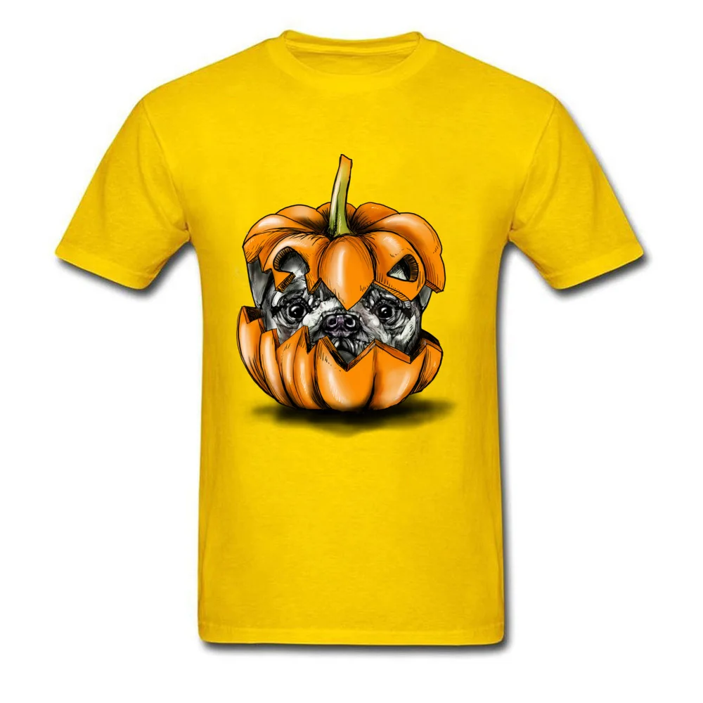 Halloween Pumpkin Pug Casual T Shirt for Students 100% Cotton Fabric Fall Round Collar Tshirts Classic Tops Shirts New Arrival Halloween Pumpkin Pug yellow