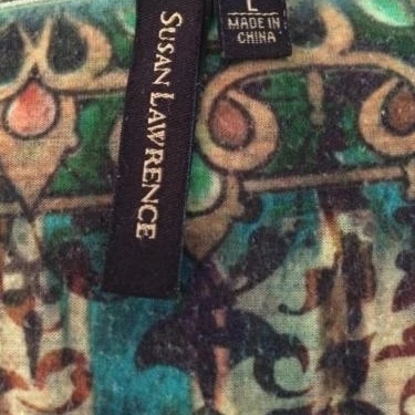 Susan Lawrence blouse size L large knit top green floral short sleeve box neck (5)