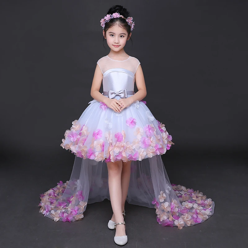 Г. Новые Модные Краткое для девочек в цветочек платья для свадьбы платье принцессы длинные хвосты с Тюль Аппликации вечерние бальное платье D39