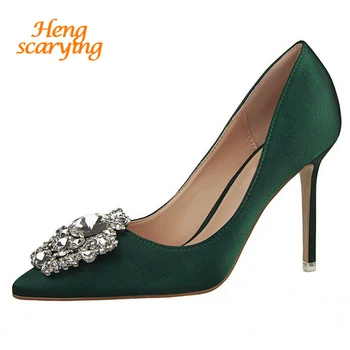 

2020 Elegant Fashion 10cm High Heels Woman Rhinestone Green Pink Silk Luxury Pumps Lady Satin Crystal Scarpin Bridal Pumps Shoes