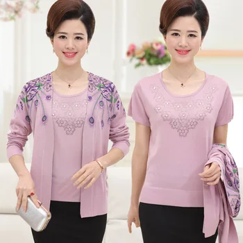 

Autumn Winter Fashion Middle Aged Women Long Sleeve Loose Knitting Two Piece Sweater Female Knitted Cardigan Pull Femme