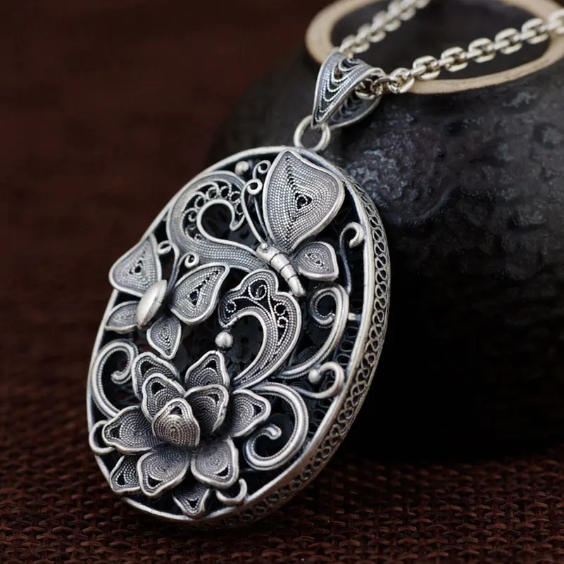 

FNJ 925 Silver Round Pendant New Fashion Butterfly Flower 100% Pure S990 Solid Thai Silver Pendants for Women Men Jewelry Making