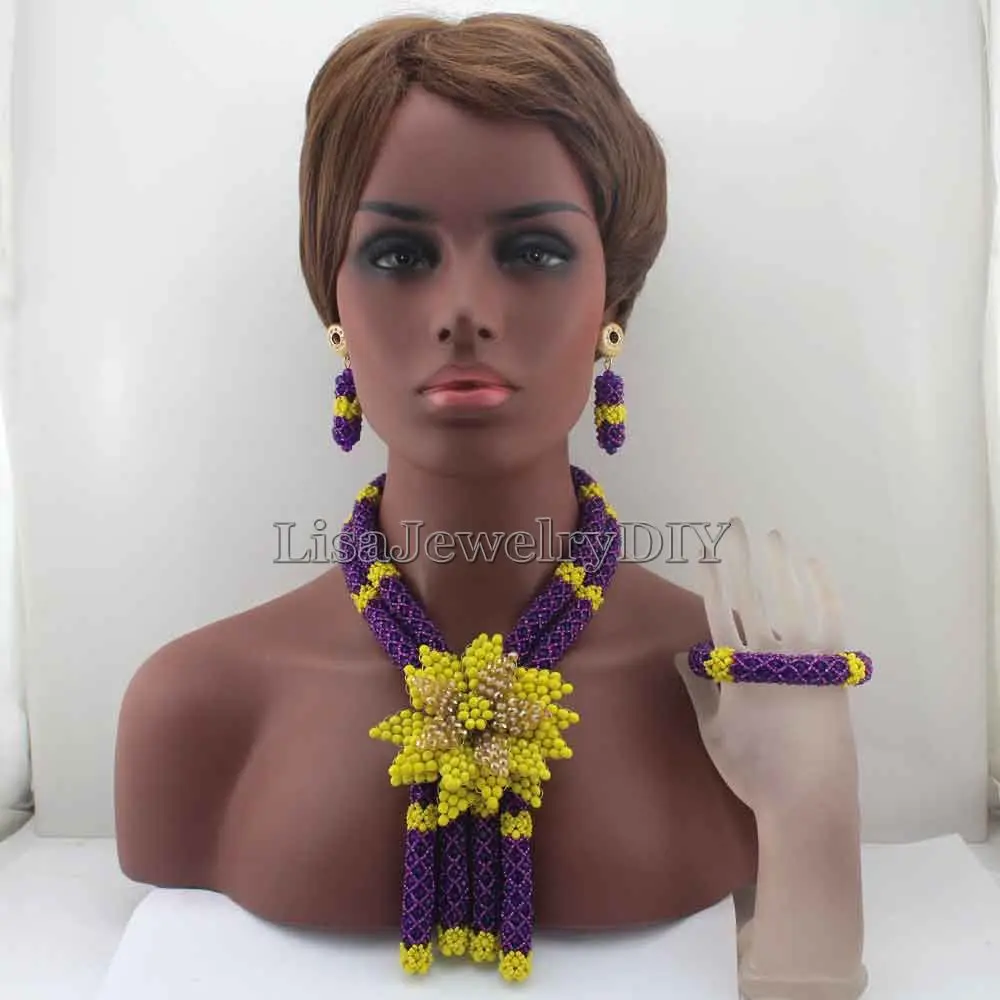 Африканские свадебные бусы ожерелье набор костюмов нигерийские Бусы Фиолетовый/желтый кристалл ювелирный набор цветок кулон HD7920