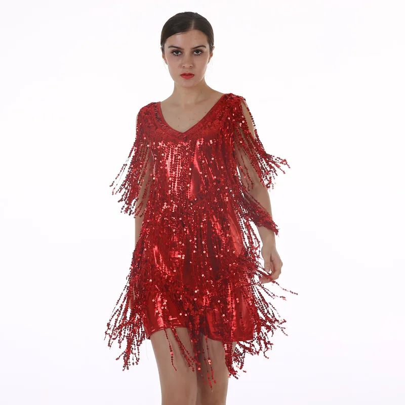 

BLINGSTORY New Fashion Vestido Women Clothing Sequined Tassels Dance Latin Female Club Fringe Dress KR4007-4