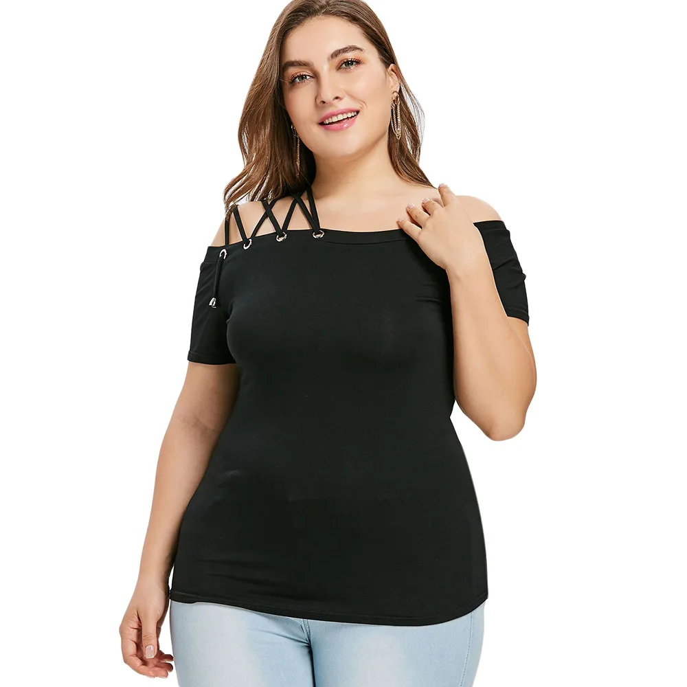 Gamiss Plus Size 5XL Off The Shoulder Strappy T Shirt Cotton Short