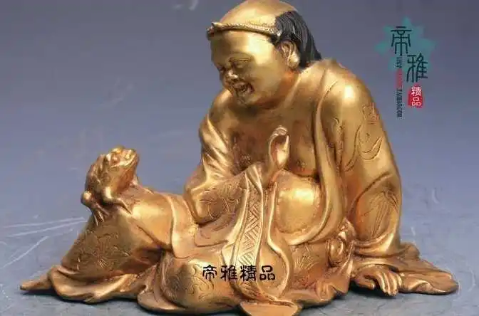 

China Copper Bronze 24K Gold Gild LiuHai Play Golden Toad Spittor Wealth Statue
