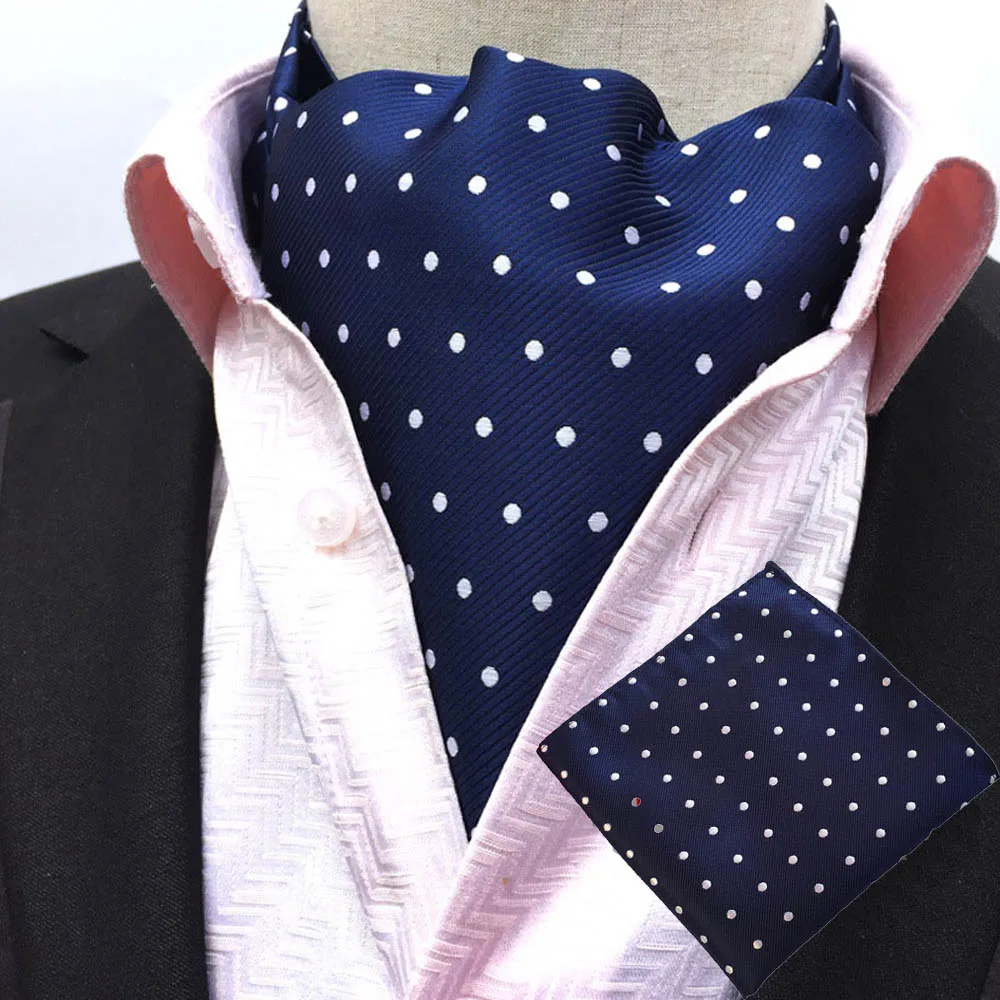  Men Cravat Scarves Polka Dots Printed Ascot Ties Handkerchief Pocket Square Set