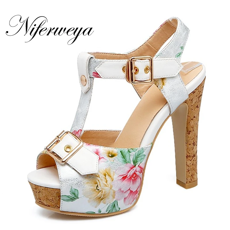 

Fashion Summer Buckle Strap women shoes sexy thick heel platform high heels big size 32-46 T-Strap sandals zapatos mujer