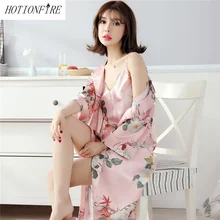 Женские два комплекта банные халаты Летний Шелковый отель спа сексуальная пижама набор пижам платье ночные рубашки осенне-весеннее белье Взрослые халаты