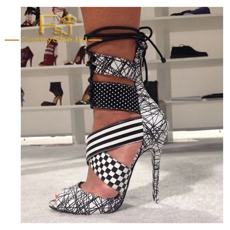 Black And White Lace Up Back Zip Peep Toe Stiletto Heels Sandals for ...