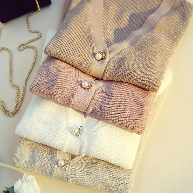 

2018 Summer Autumn Women Knitted Cardigans Casual V-Neck Bright Silk Cardigan Jacket Female Long Sleeve Coat Short Coats AB954