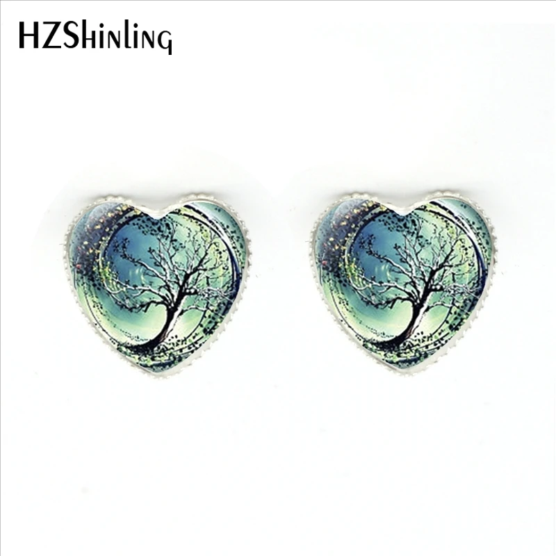 

2017 New Fashion The Tree of Life Heart Stud Earrings Handmade Art Photo Glass Dome Divergent Tree Heart-shaped Women Earring
