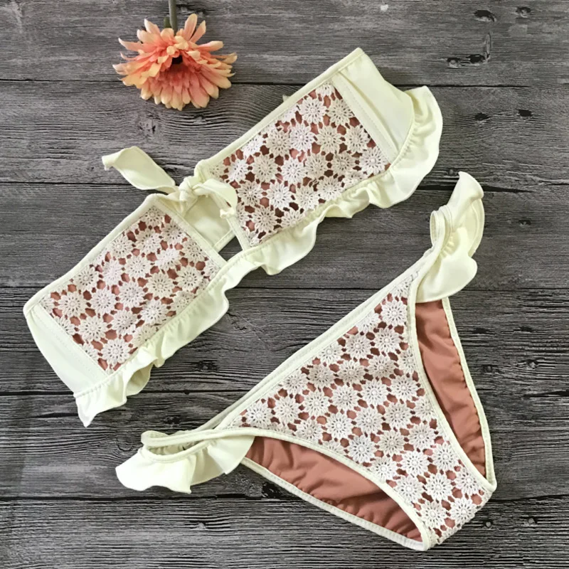 Bandeau Bikini Set 2019 New Sexy Frilled Lace Crochet Ruffled Beach Bathing Suit Swimsuit Brazilian Thong Biquin womens swimsuit Bandeau Bikini Set 2019 New Sexy Frilled Lace Crochet Ruffled Beach Bathing Suit Swimsuit Brazilian Thong Biquin womens swimsuit