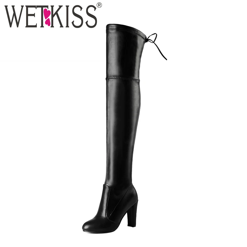 

WETKISS Pu And Flock Women Boots Fashion Sexy Over The Knee Boots Lace-Up Round Toe Spike Heels Stretch Boots Big Size 34-43