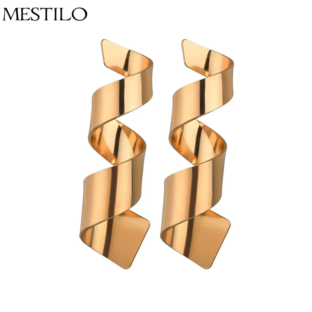 

MESTILO Fashion Punk Twist Spiral Curled Drop Earrings For Women Statement Gold Metal Wave Shape Long Dangle Earrings Jewelry