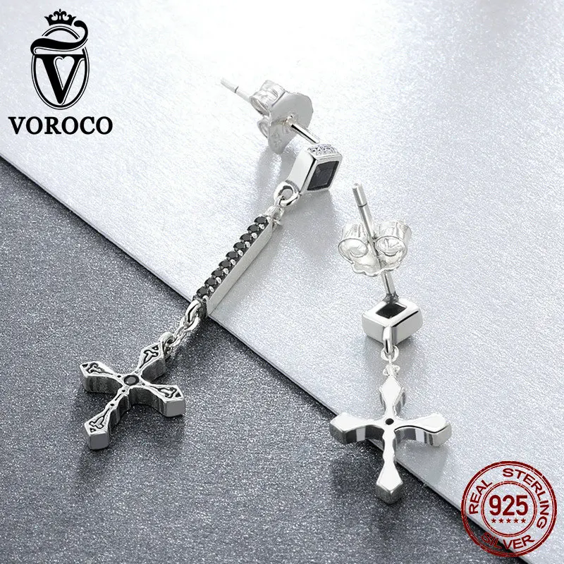 Voroco настоящий 925 пробы серебряные религиозные серьги-капли с крестиком черный циркон Винтажные серьги для женщин Роскошные ювелирные изделия VSE141