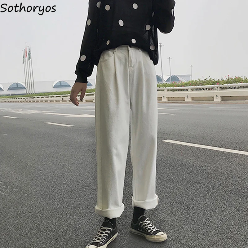 

Jeans Ankle-length High Waist Zipper Fly Button Simple All-match Womens Streetwear Straight Loose Straight Harajuku Female Chic