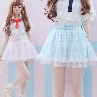 Adomoe Summer Plaid Pink Blue bow tie Cute Japanese Lace skirt short ...