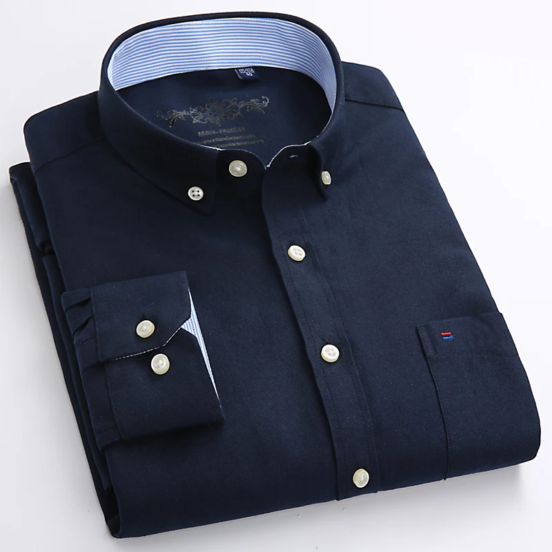

Men's Regular-fit Long Sleeve Solid Oxford Dress Shirt Patch Chest Pocket Casual Striped Plaid Button Down Cotton Blend Shirts