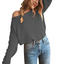 2018 один с открытыми плечами Для женщин Сплошной Цвет Свободные длинным рукавом Повседневное вязаный свитер