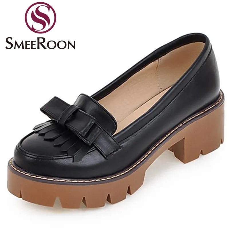 

Smeeroon womens pumps classic slip on round toe bowknot concise leisure woman shoes convenient thick heels shoes plus size 34-43