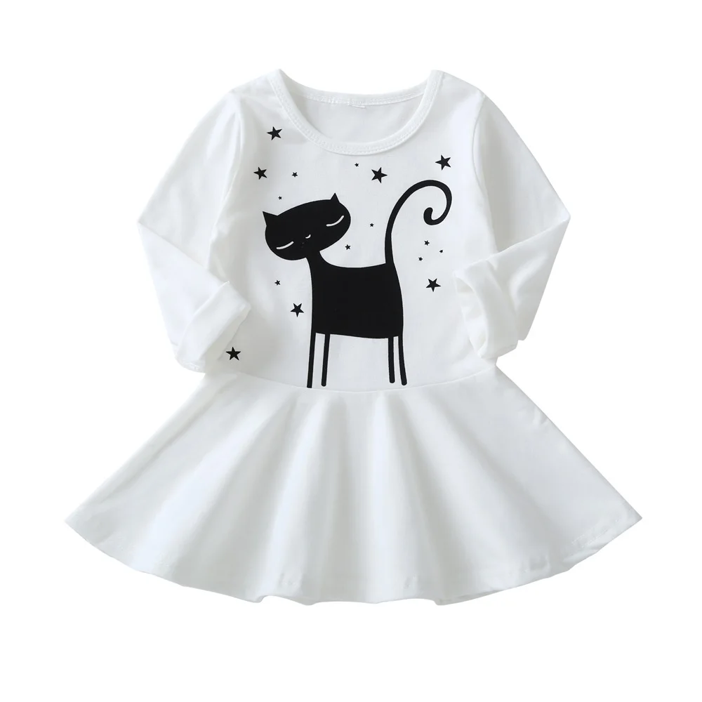 New Fashion Fall Winter Cat Print Children Long Sleeve Cartoon Baby Girl Cotton Party Dresses for Kids Princess Girls Dress | Детская