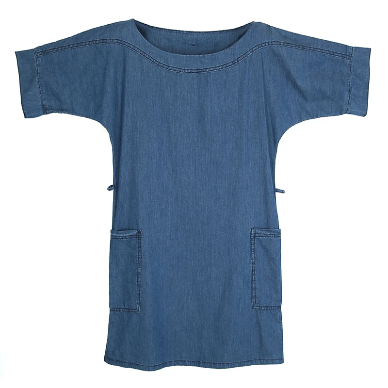 Vintage Blue Short Sleeve Jeans Dress For Women Casual Thin Summer T Shirt Dresses Big Pockets Vestidos Belt Loose Mini Dress