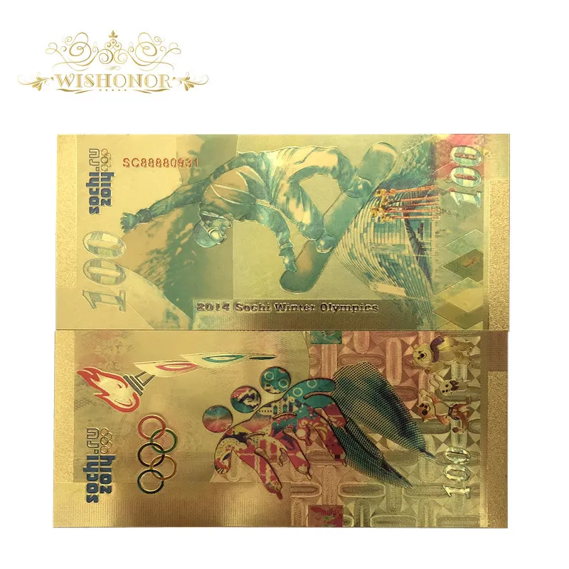 

10 pcs/lot New design 2014 Russia Banknote Winter Olympics Sochi Banknotes 100 Rubles Banknote in 24k Gold Money For Collection