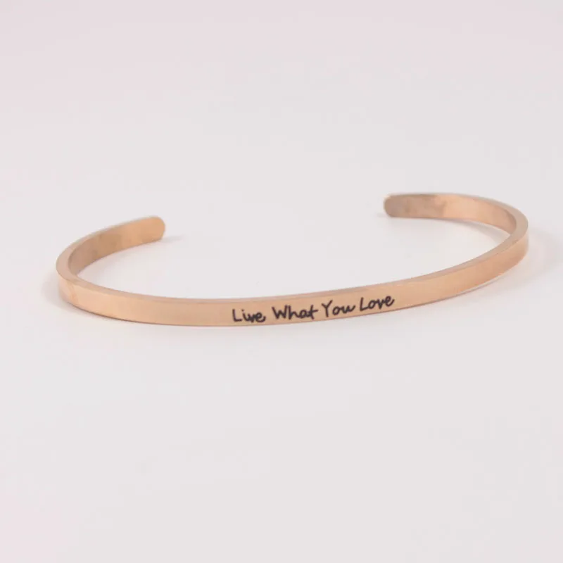 

Rosegold 4MM"live what you love" Stainless Steel Engraved Positive Inspirational Quote Cuff Mantra Bracelet Bangle