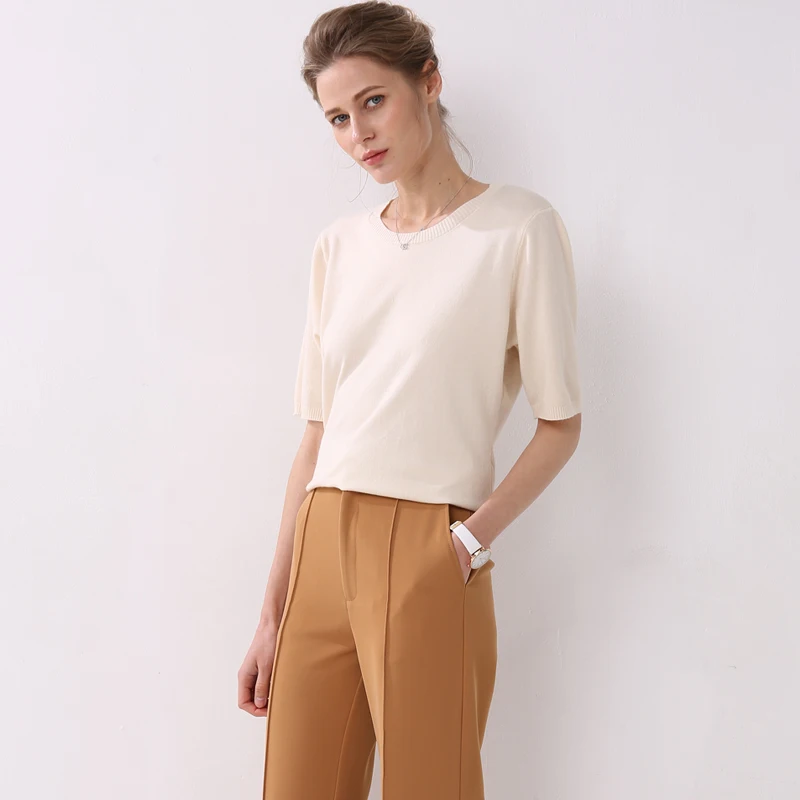 2019 spring and autumn women's large solid wool cashmere sweater short sleeve round-neck sweaters knit sweater computer oversize