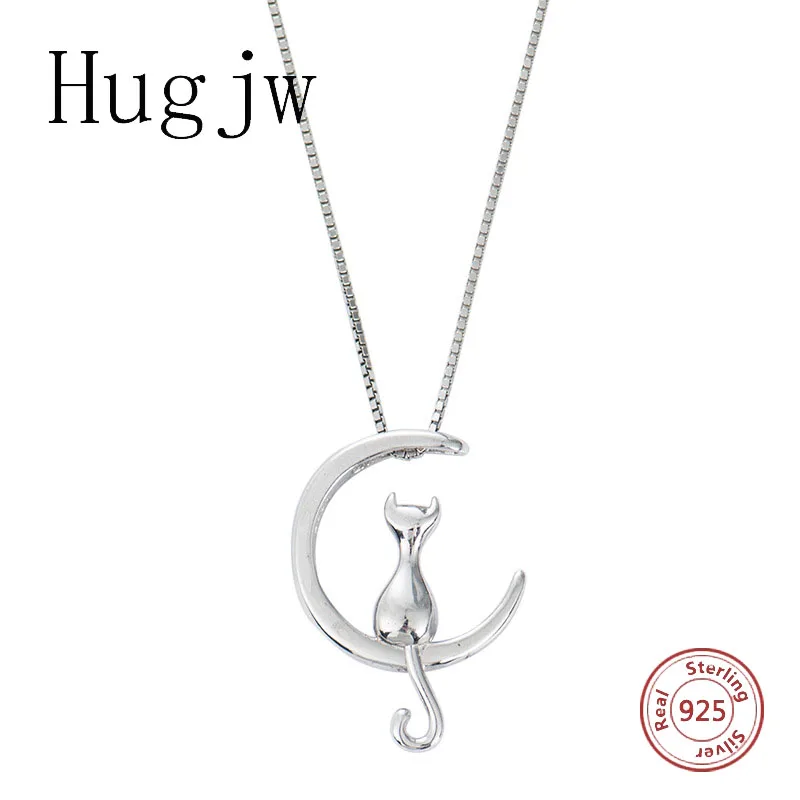 

Genuine 925 sterling silver lovely animal cat and moon necklace in pendant necklace chain diy fashion jewelry for women gifts