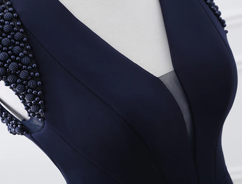 Sexy 2018 Evening Gown for Women V Neckline Open Back Mermaid Evening Dresses Long Blue Satin Beaded