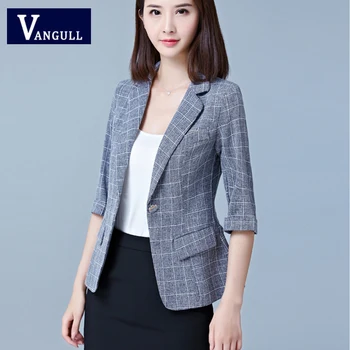 

Office Lady Women's Clothing Autumn Plaid Three Quarter sleeve female Blazer Single Button Notched Collar slim women Blazer