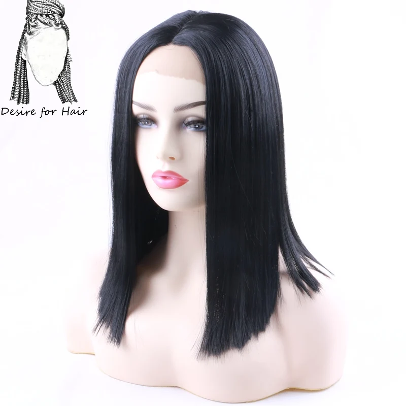 Desire for hair 14 дюймов японский futura волокно черный цвет короткий прямой синтетический кружевной передний парик со средней частью для женщин