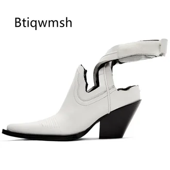 

2019 Retro Cow Leather Ankle Boots Woman Pointed Toe Embroidery Ankle Strap Wedges Cowboy Boots Summer Gladiator Sandals Women