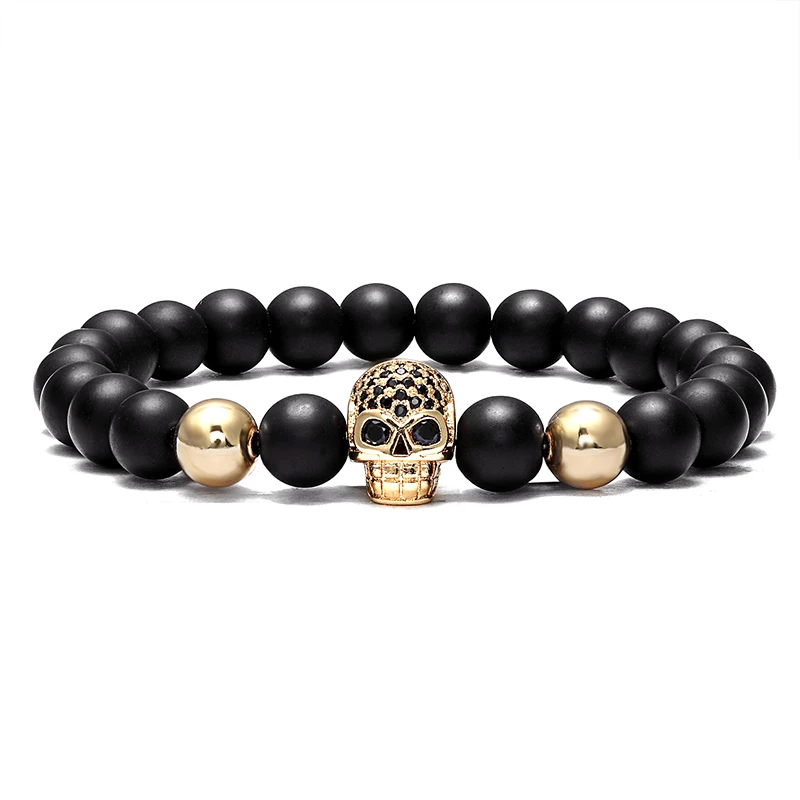 

High quality fashion CZ skull bracelet men and women handmade jewelry men 8MM natural stone beads men's yoga accessories
